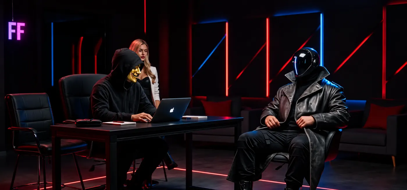 Студія: Dj Bashkirofff у золотій масці за столом і друг у чорному шоломі